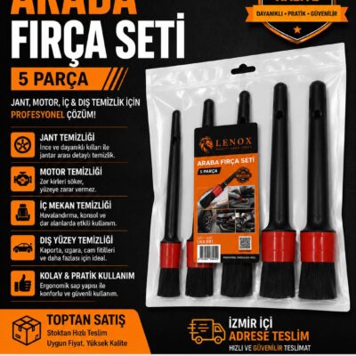 Lenox marka LNX 081 kodlu, otomobil jant, motor, ızgara ve iç mekan detay temizliği için 5 farklı kalınlıkta, uzun siyah saplı kimyasallara dayanıklı fırça seti.