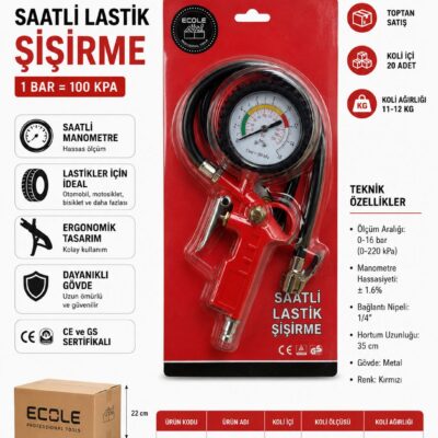 Ecole marka EC-100 model, 0-16 bar (220 psi) arası basınç ölçebilen hassas manometre saatine ve 35 cm uzunluğunda hortuma sahip kırmızı renkli metal lastik şişirme tabancası.