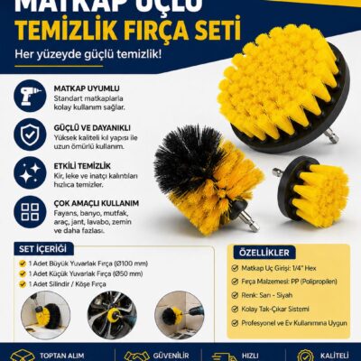 Ecole marka, matkap ucuna kolayca takılabilen 1/4" altıgen girişli, sarı ve siyah polipropilen kıllara sahip; 100mm, 50mm çaplı ve silindir formunda 3 adet temizlik fırçası.